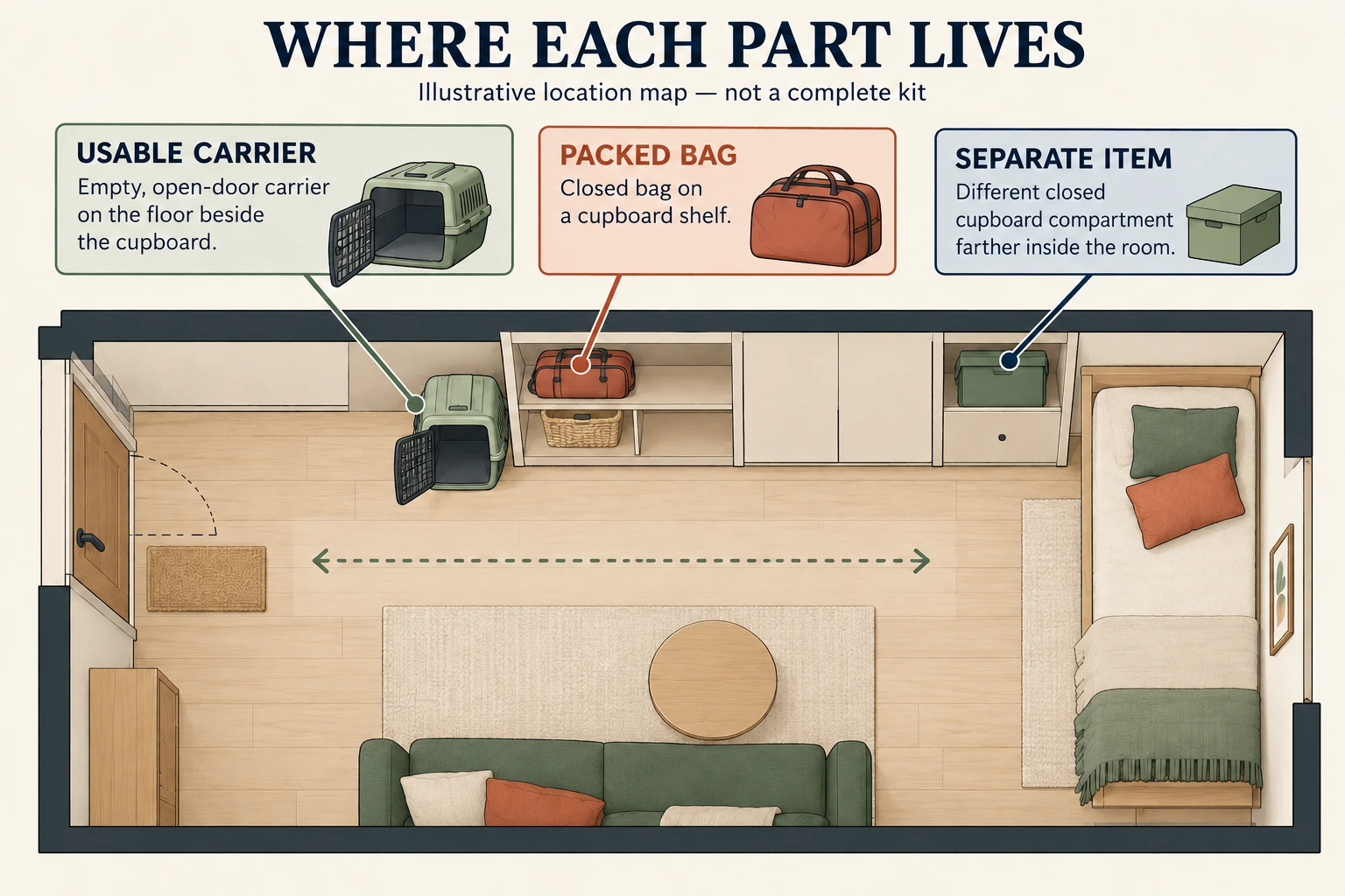 Apartment storage diagram with callouts for a carrier, packed bag and separate item