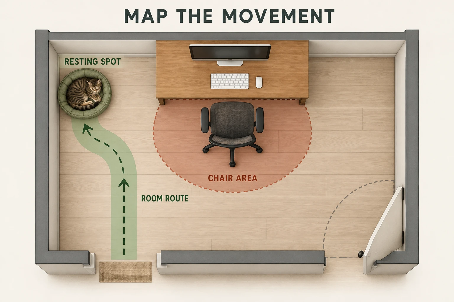 Top-down home office diagram separating the chair movement area, a resting spot and an open room route