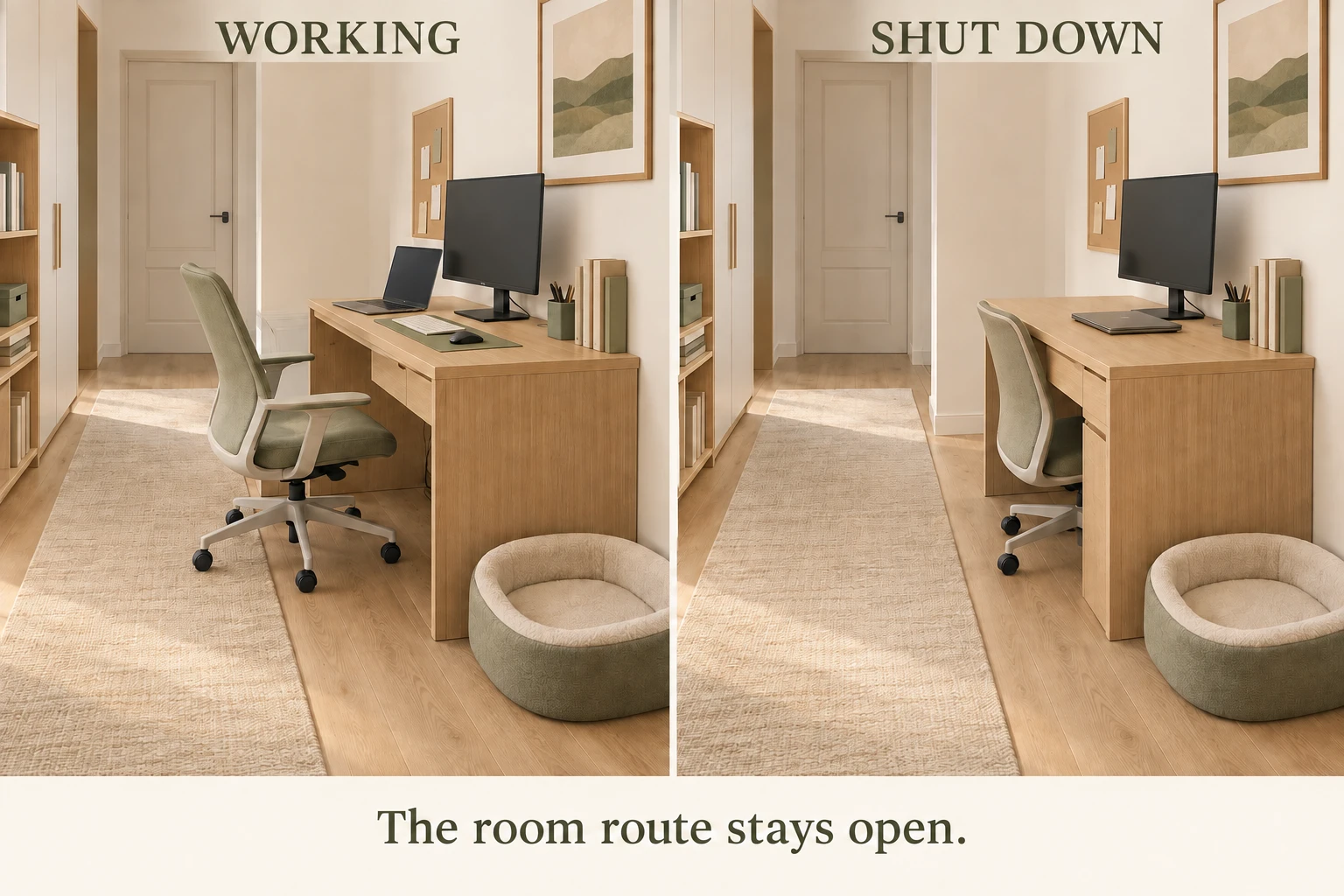 Working and shut-down views of the same home office with the cat resting spot remaining outside the chair area and accessible