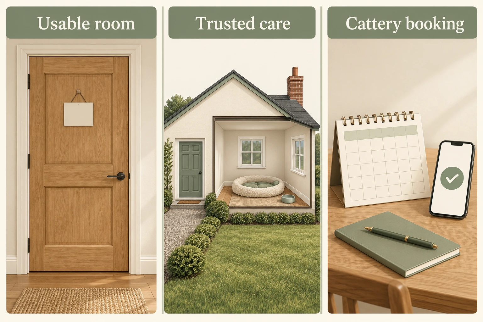 Three-panel concept showing a usable studio room, trusted temporary care and a prebooked cattery option