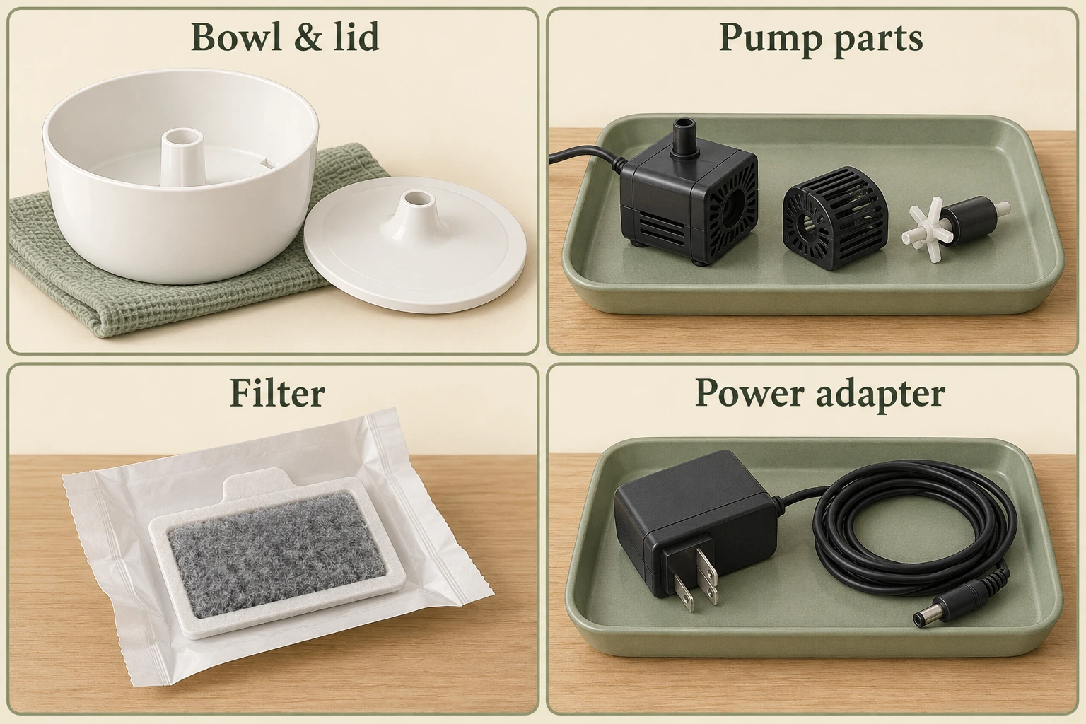 Four-part cat fountain planning diagram showing bowl and lid, pump parts, filter and power adapter