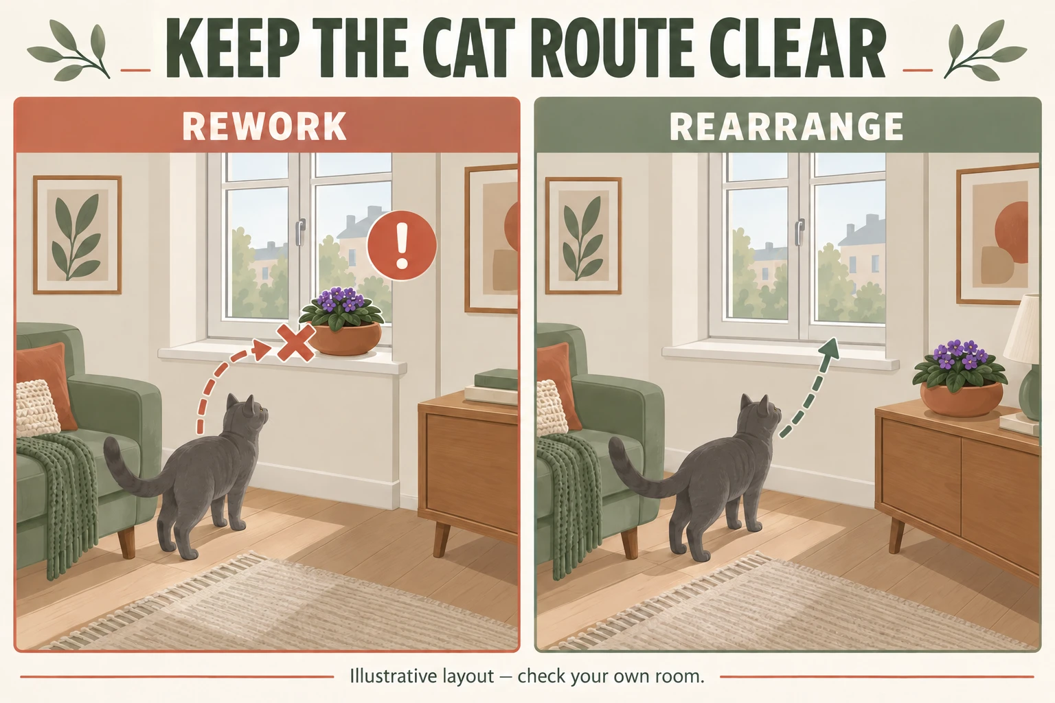 Conceptual comparison of a small table plant obstructing a cat window landing and a planter moved away from the clear landing