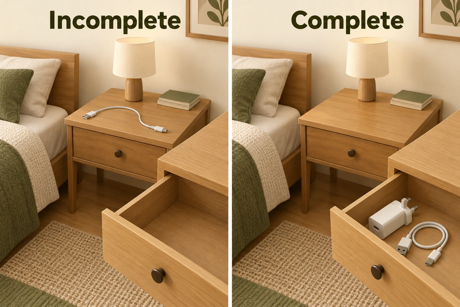 Two-panel charger return check showing an incomplete forgotten bedside lead and a complete unplugged kit in storage