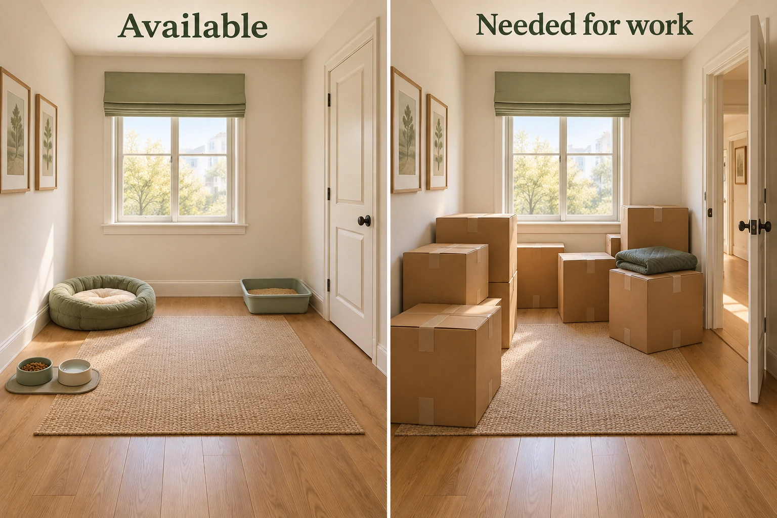 Two-panel concept comparing a quiet usable room with a room needed for moving work