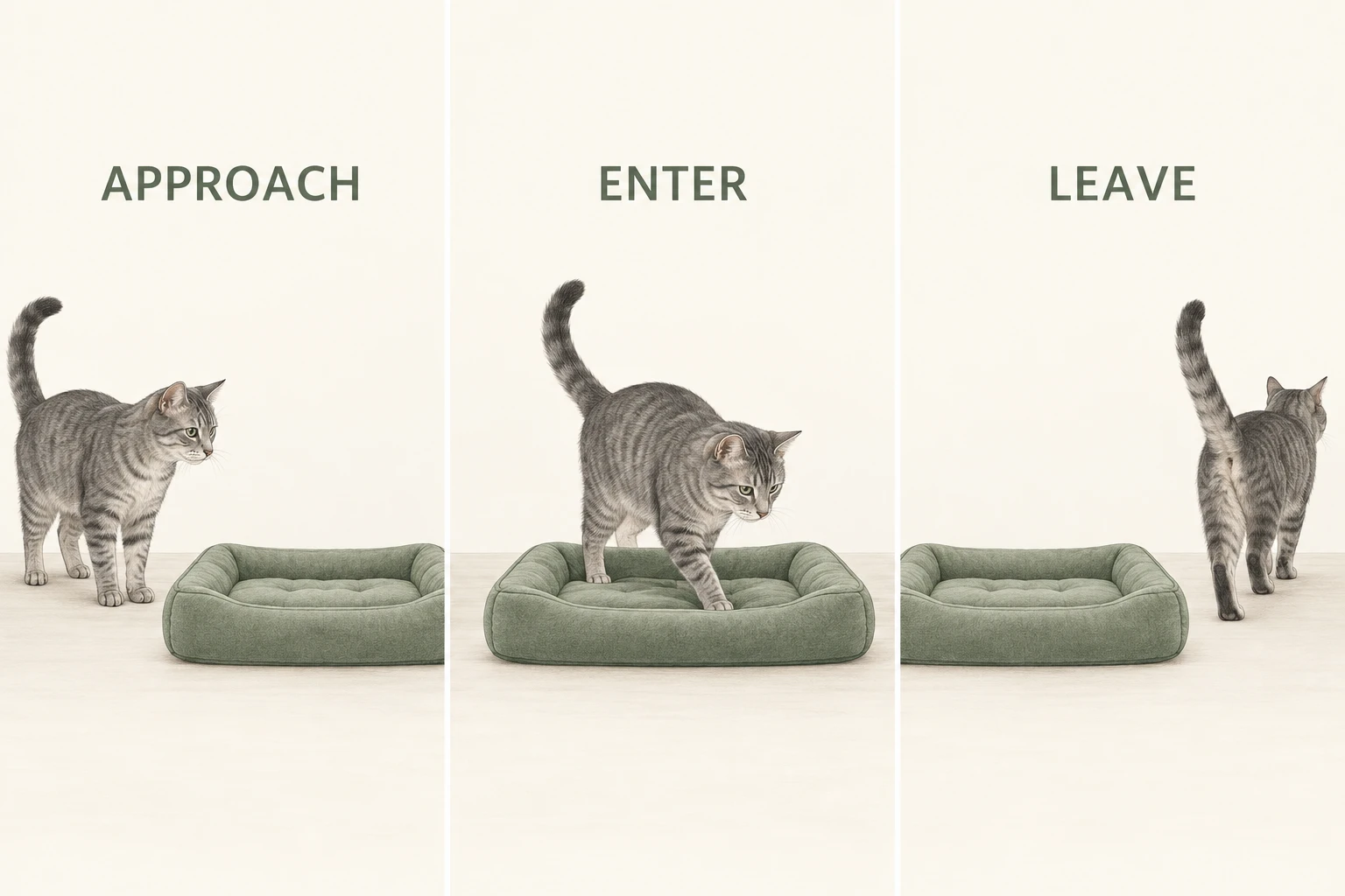 Three illustrated stages show a cat approaching, entering and leaving a low bed on an open floor