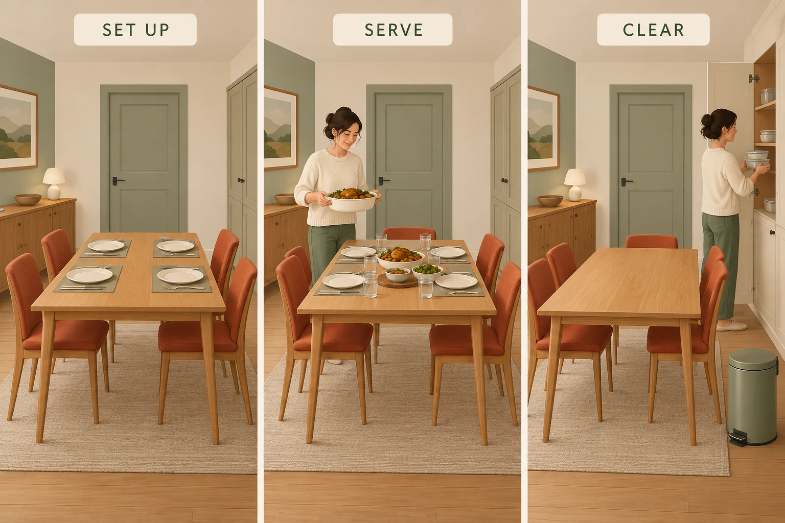 Three-panel SET UP, SERVE and CLEAR concept with an empty table, an adult serving food, and an adult storing closed containers beside a cleared table; a closed interior door appears in each panel
