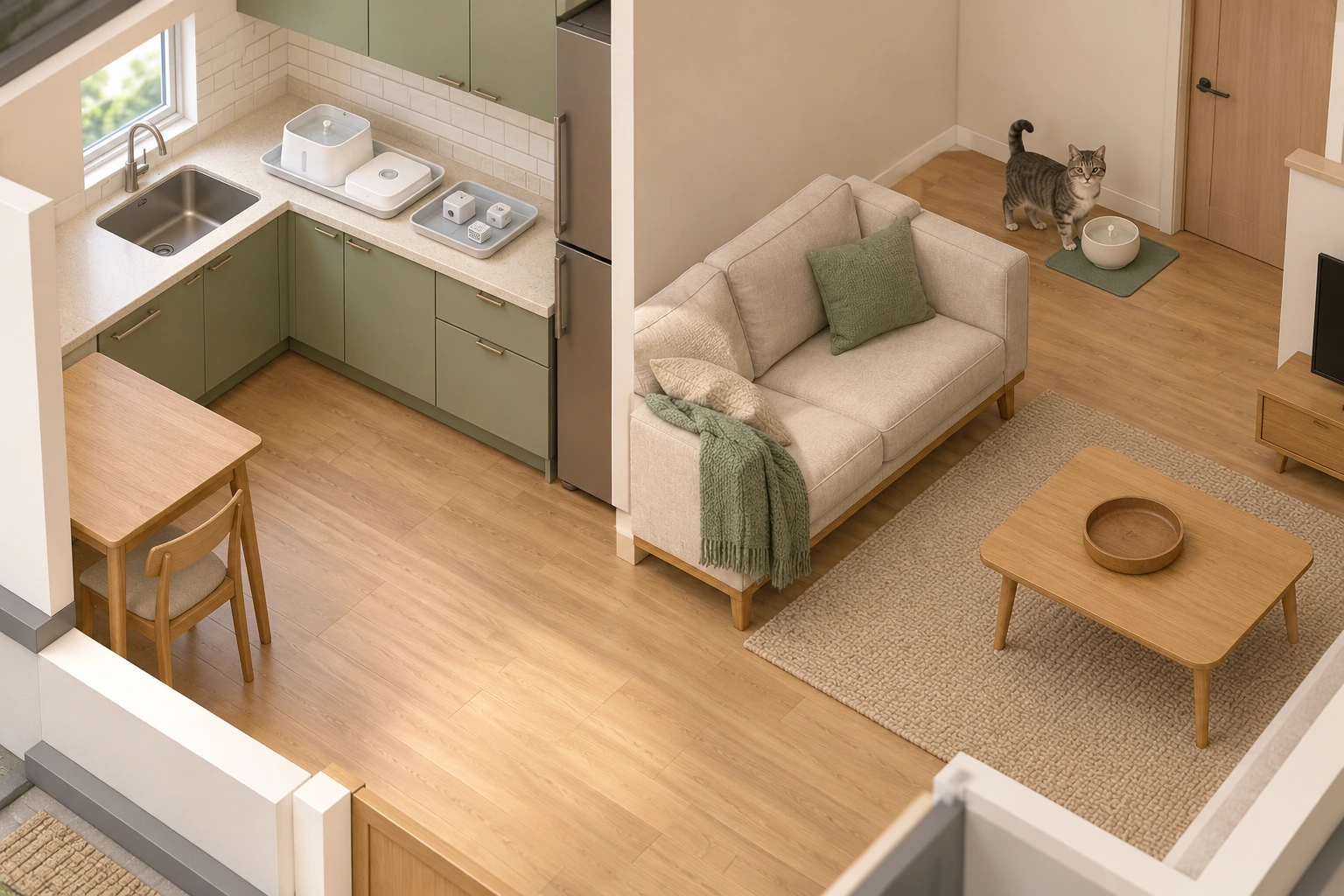 Isometric compact home with a separate fresh-water bowl and a human washing workspace