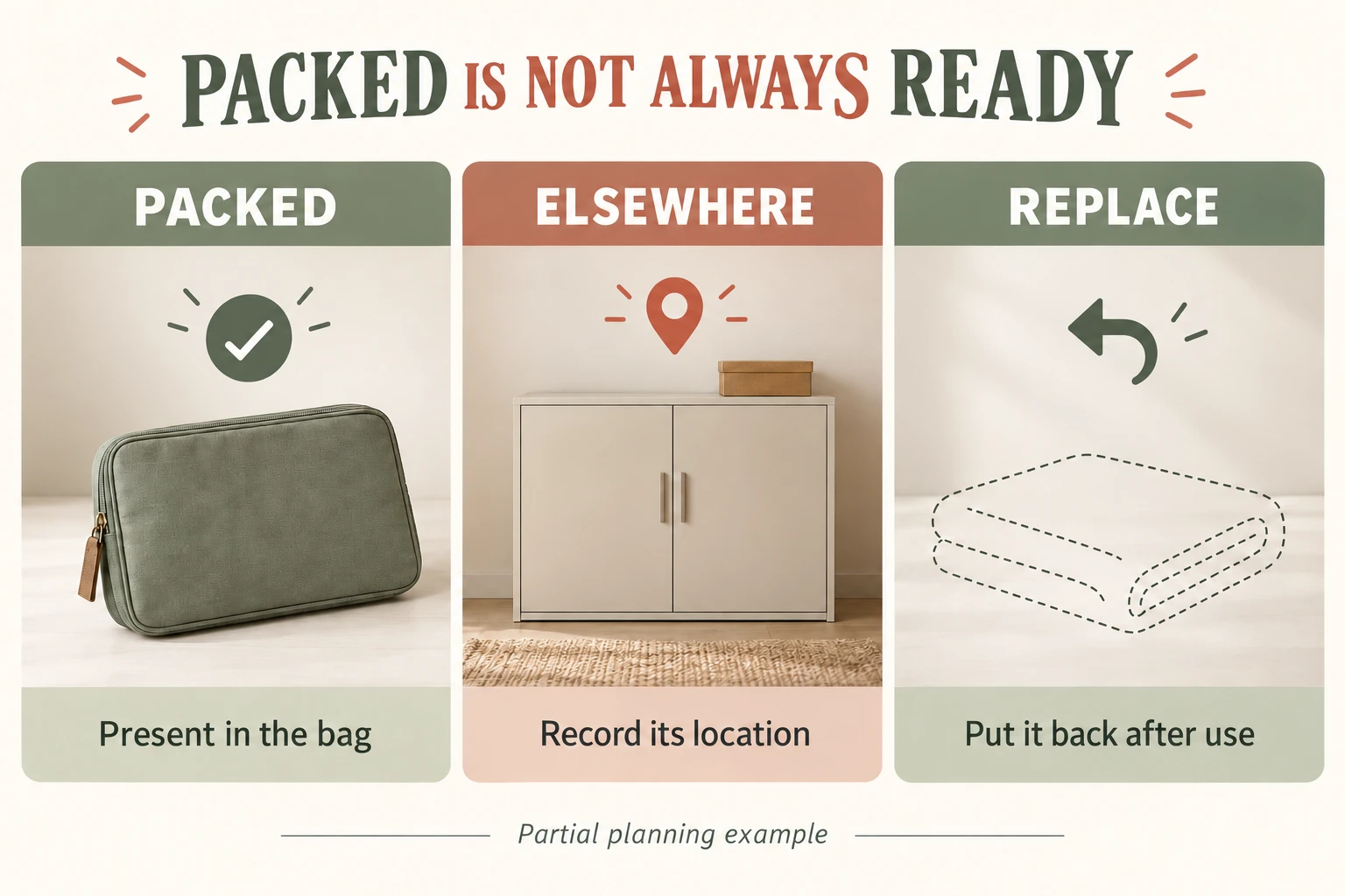 Three-panel apartment stock-status illustration showing packed, elsewhere and replace states