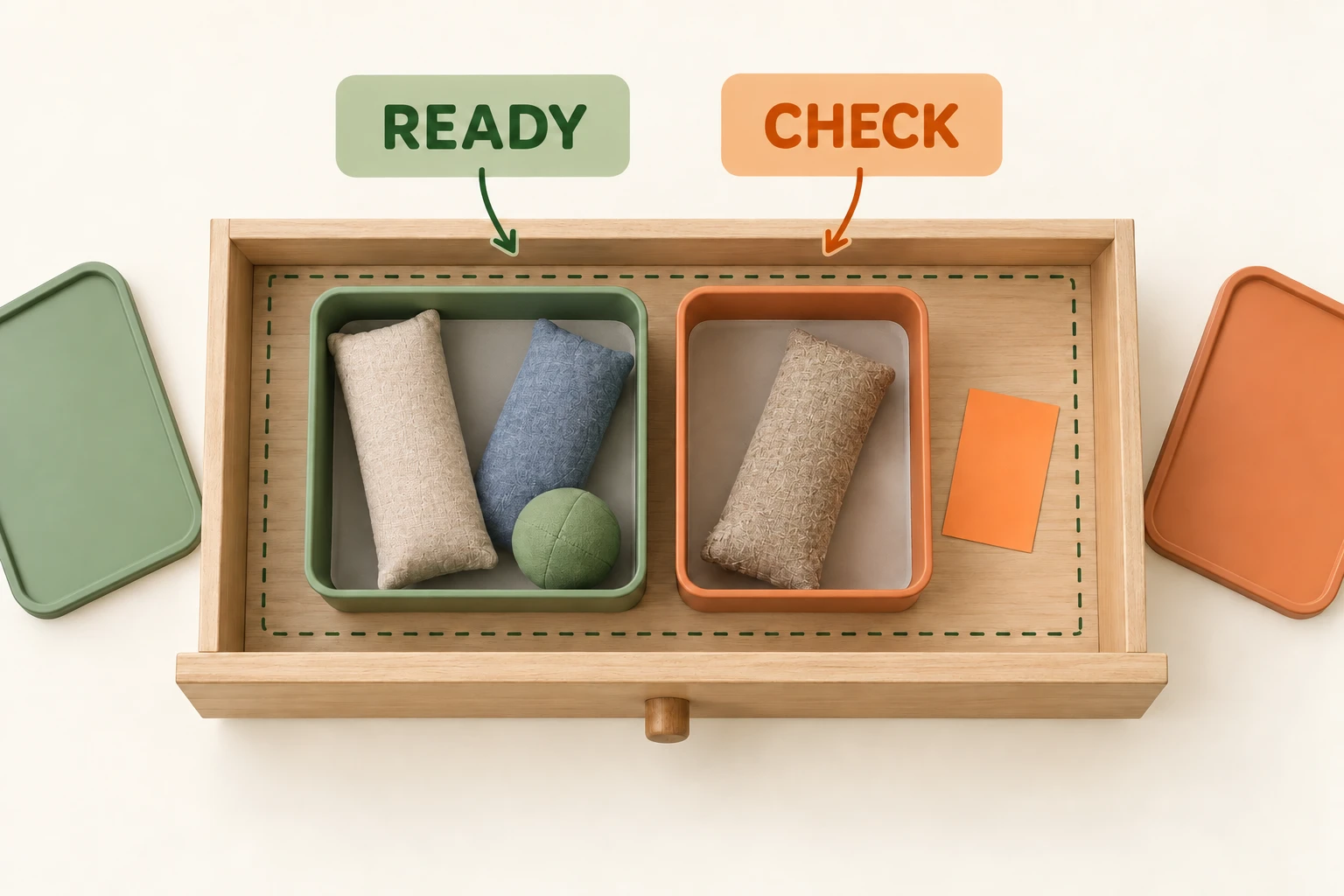 Overhead drawer plan with separate ready and check inserts, lids outside the drawer and unused space around them