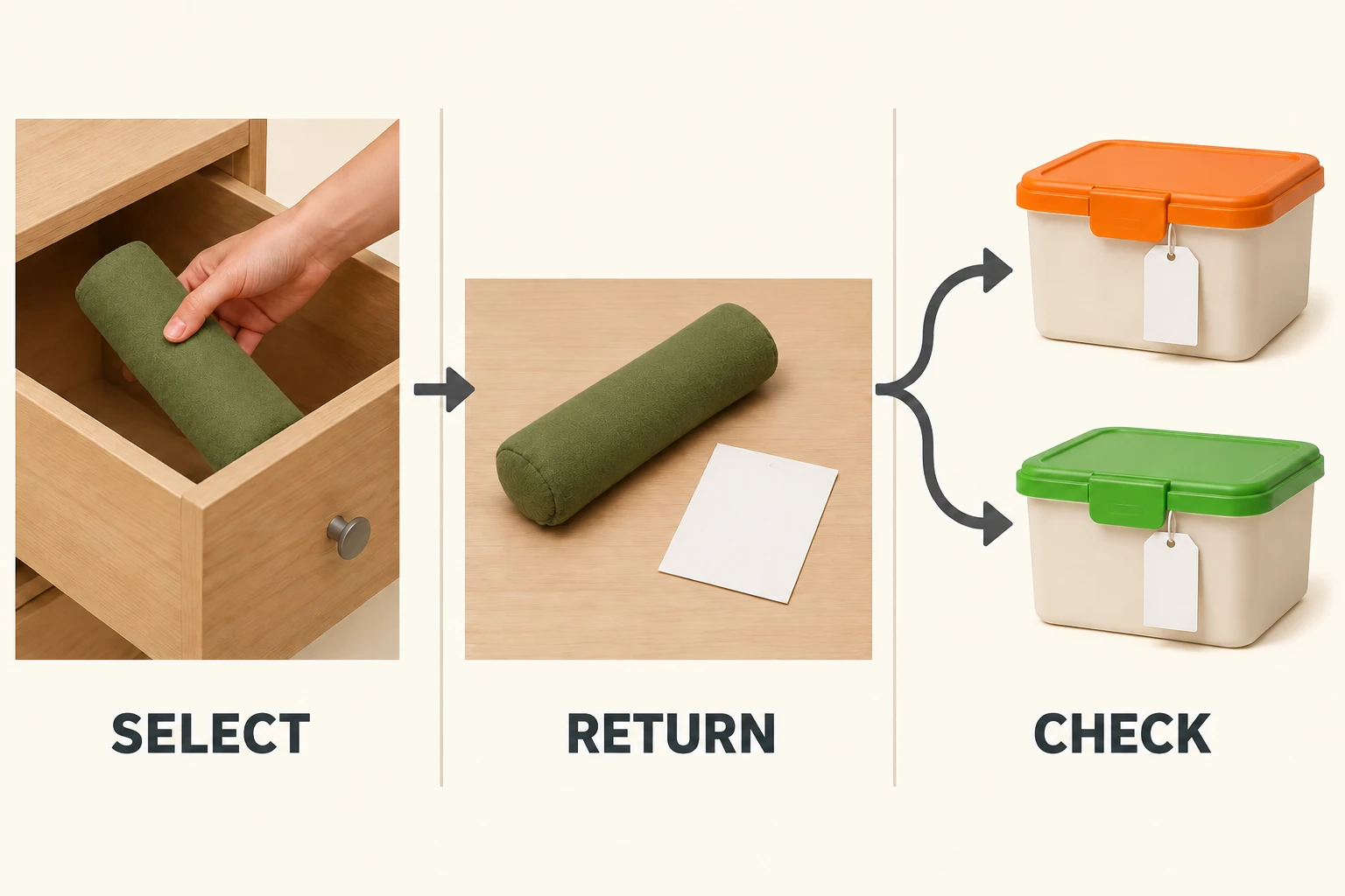 Select, return and check illustration showing a toy leaving storage and being assessed before going into a ready or check container