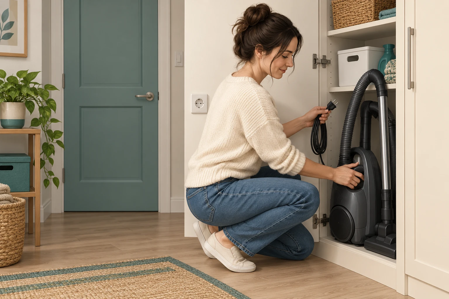 Adult packing an unplugged vacuum and its cord away while the cat is absent from the cleanup area
