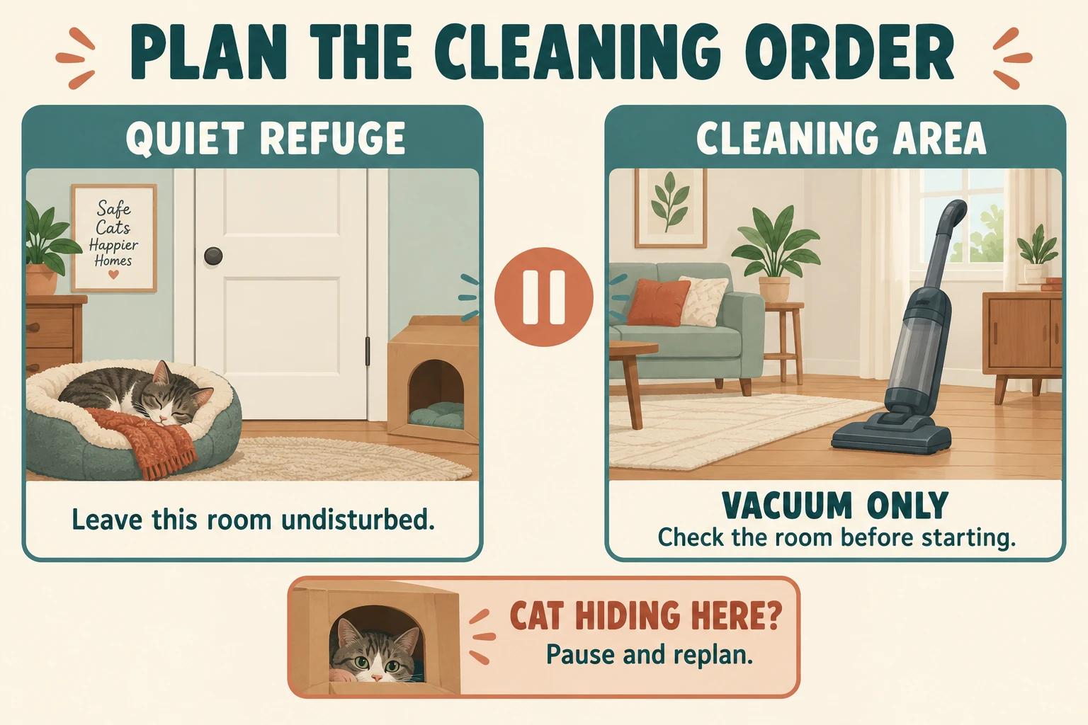 Two planning panels show a quiet cat refuge and a separate cleaning area, with a reminder to pause if a cat is hiding.